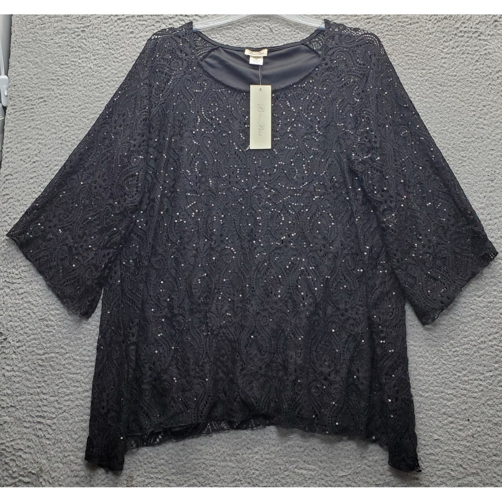Brittany Black Blouse Top Womens 2X Black Lace Sequin Overlay Asymmetrical Hem